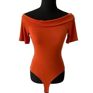 Brandy Blue Off‎ The Shoulder Bodysuit Short Sleeve Burnt Orange Rust Fold Over